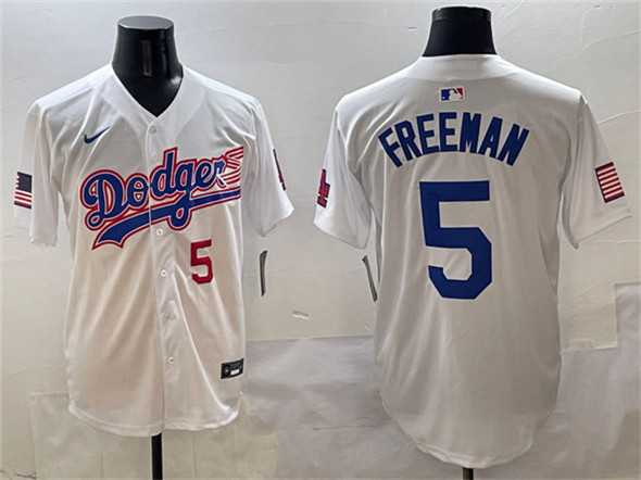 Men%27s Los Angeles Dodgers #5 Freddie Freeman White With American Flag Patch Limited Stitched Jersey->los angeles dodgers->MLB Jersey